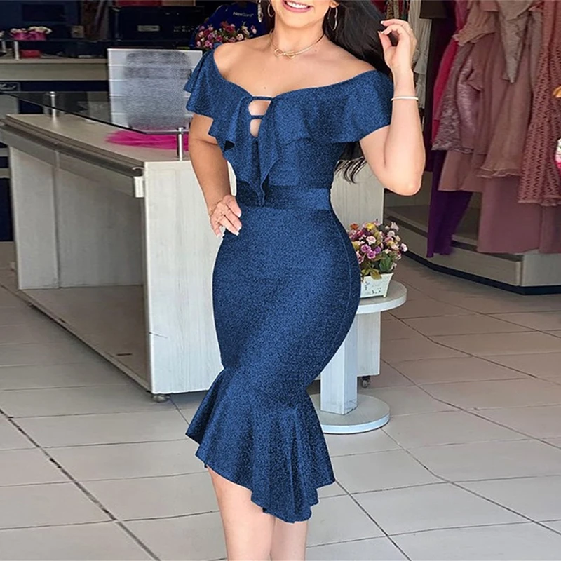 

Sexy Women Backless Glitter Dresses Hollow Out Off Shoulder Party Club Dress Elegant Bodycon Mermaid Ruffle Dress Female
