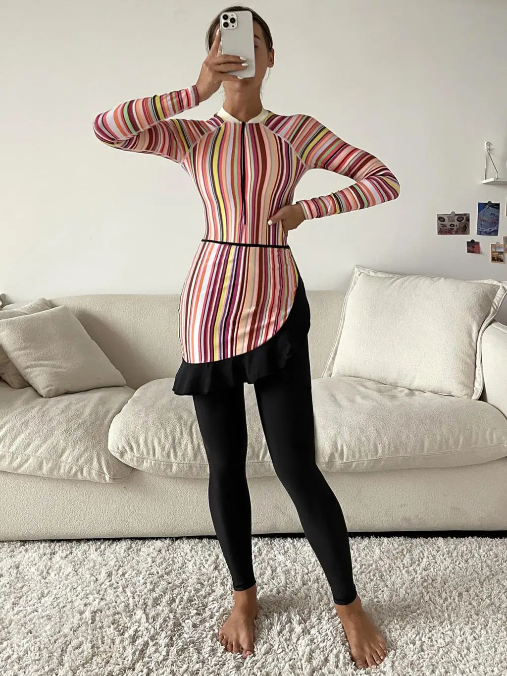

Muslim Swimsuit Summer Dubai Arab Foreign Trade Colorful Stripe Long Sleeve Musulmane Islamic Mujer Swimwear Women Girls