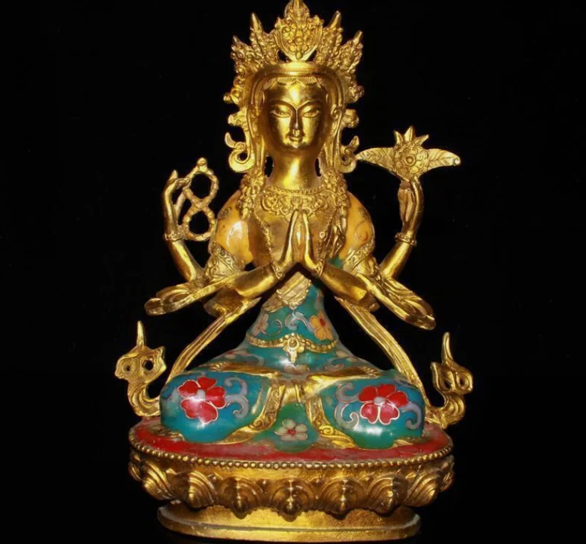 8 4-дюймовый тибетский храм бронза позолоченная перегородчатая статуя Будды