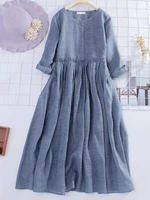 2022 new summer japan style cotton linen long sleeve o neck drawstring dresses large swing solid maxi shirt dress for women