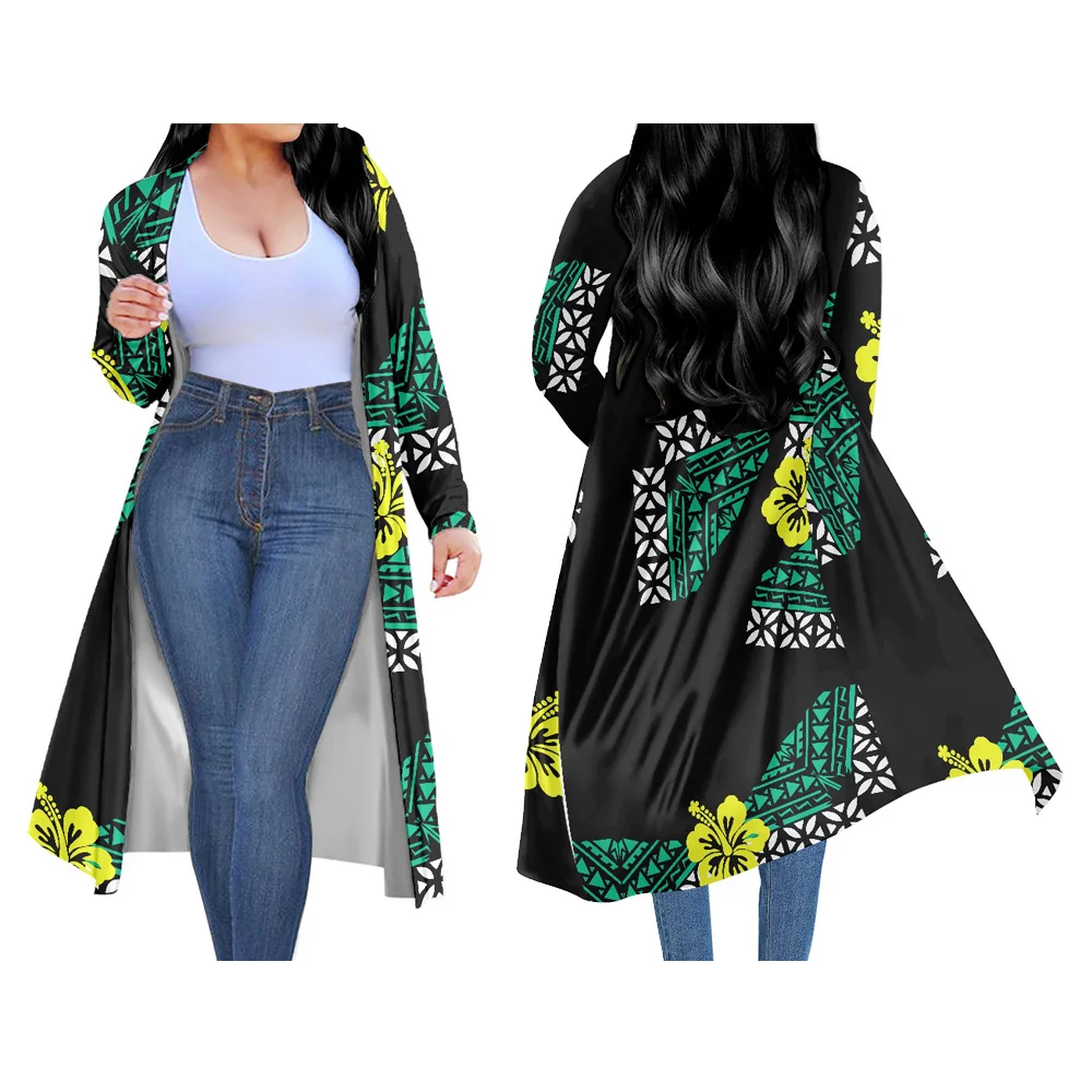 

Womens Fashion Long Sleeve Cardigan Cloak Polynesian Samoa Tongan Tapa Floral Print Design Thin Casual Ladies Kimono Trench Coat