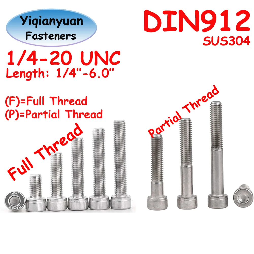 

Yiqianyuan 1/4-20 UNC Резьба DIN912 SUS304 Шестигранная головка из нержавеющей стали Винты с накатанной головкой Болты с шестигранной головкой Полная/плоская резьба