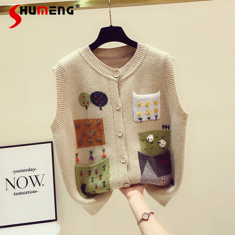 

Женский простой вязаный жилет, Повседневный Кардиган без рукавов, свободный свитер с вышивкой, весна-осень 2022