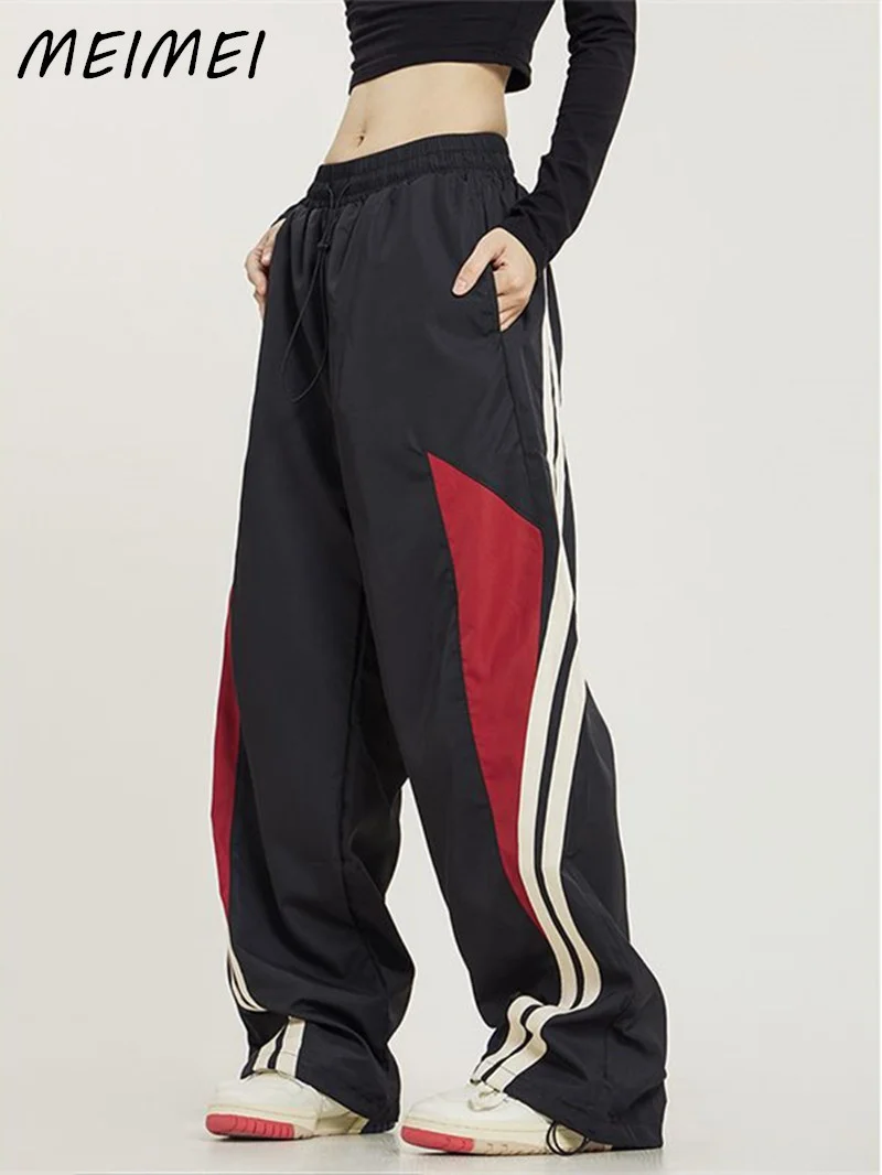 

Повседневные полосатые прямые длинные черные спортивные брюки в стиле пэчворк контрастных цветов с широкими штанинами грузовые штаны, мешковатые джоггеры женские брюки