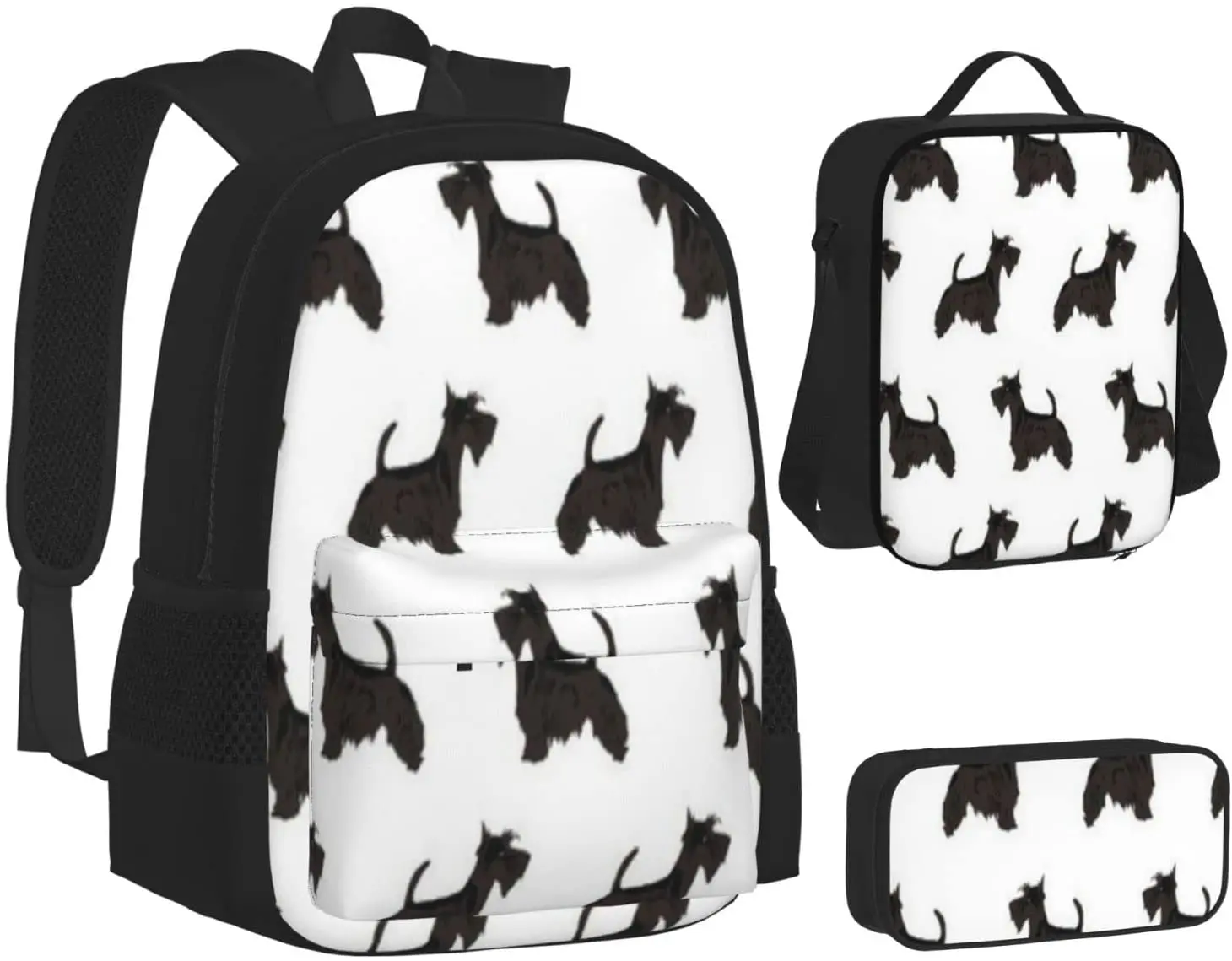 Scottie Dog Cute Scottish Terrier Schoolbag Travel Bag Casual Daypack Lunch Bag Pencil Case for Boys Teens Girls 3pcs Sets