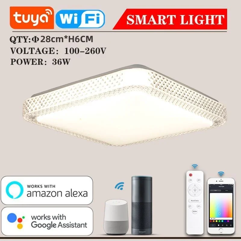

Умная Светодиодная потолочная лампа Tuya, квадратный светильник RGB с дистанционным управлением через приложение Alexa Google, голосовое управление для спальни, домашнее освещение