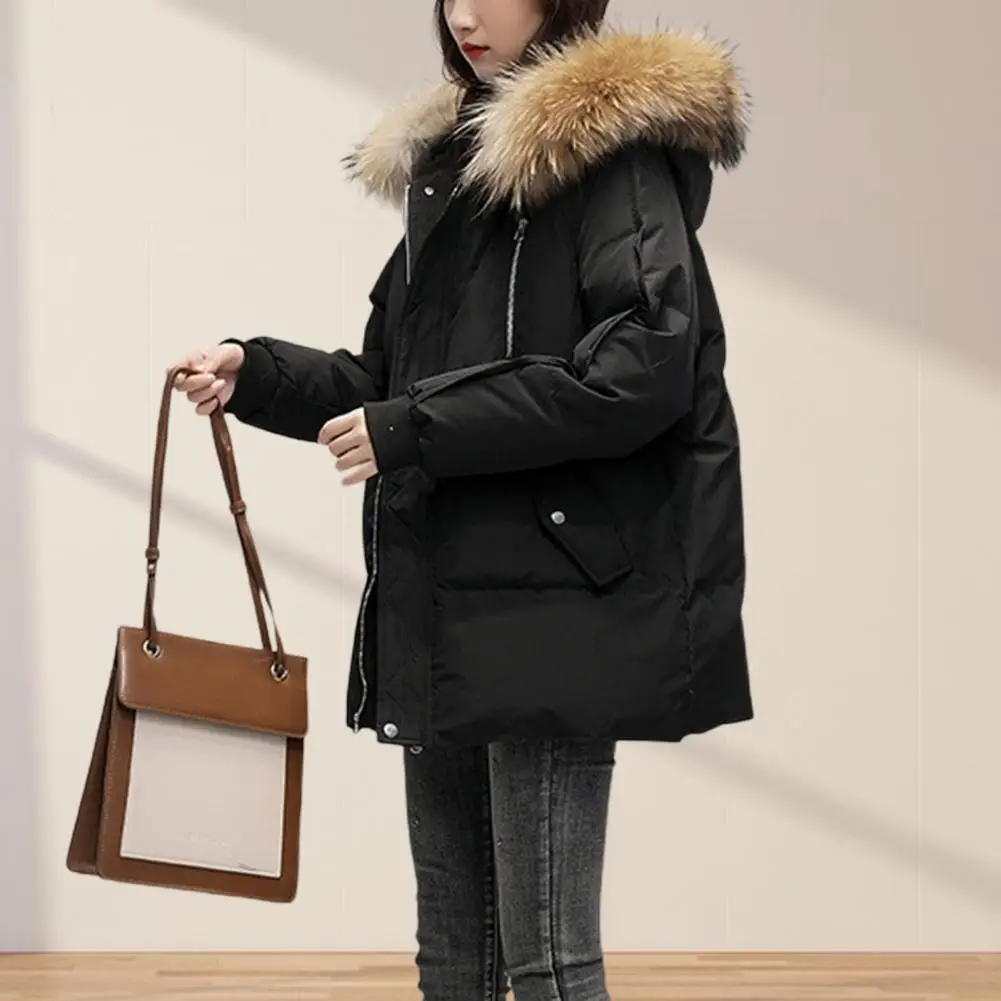 Chic Winter Down Coat Faux Fur Thicken Mid Length Lady Down Coat  Hat Women Down Coat for Outdoor