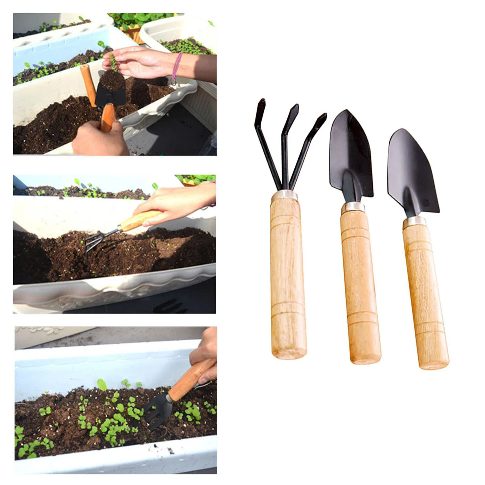

Mini Garden Tool Hand Planting Tools Small Shovel Rake Spade Wood Handle Planting Tools Black Metal Gardening Trowel Family