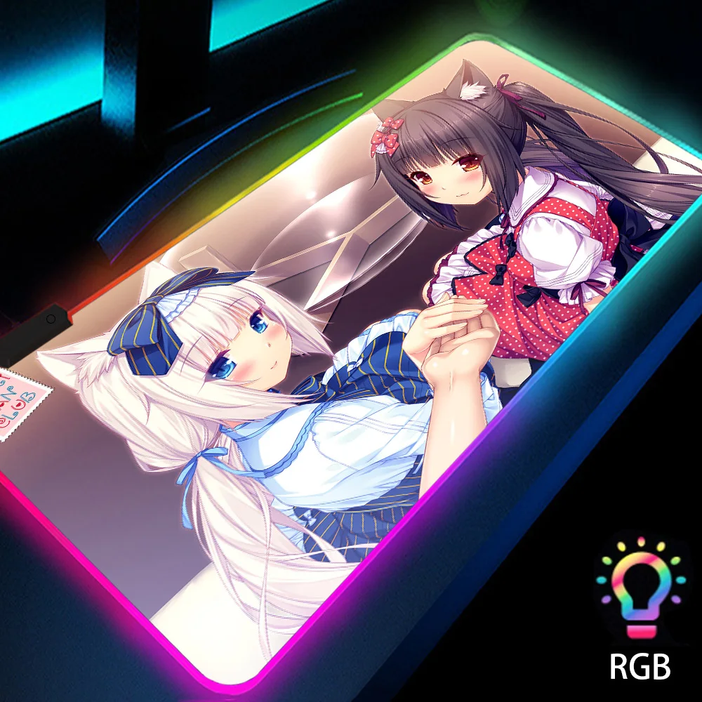 Милые настольные аксессуары Nekopara в стиле аниме, привлекательный коврик для мыши Kawaii с подсветкой Rgb, игровая девушка, эстетический светодиодный очень большой коврик для мыши