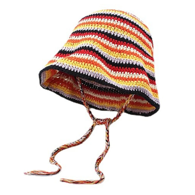 

Striped Knit Bucket Hat Lace Up Striped Crochet Hats Boho Fisherman Hat Summer