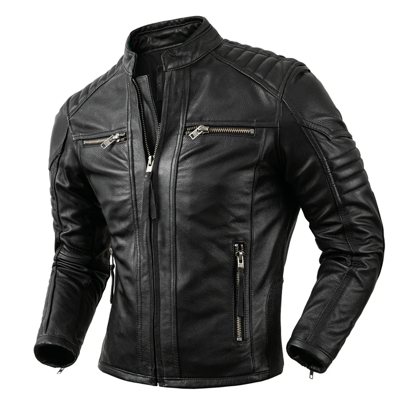 

2023 New Motorcycle Causal Vintage Leather Coat Men Autumn Outfit Fashion Biker Pocket Design Top Layer Cow Leather Jacket