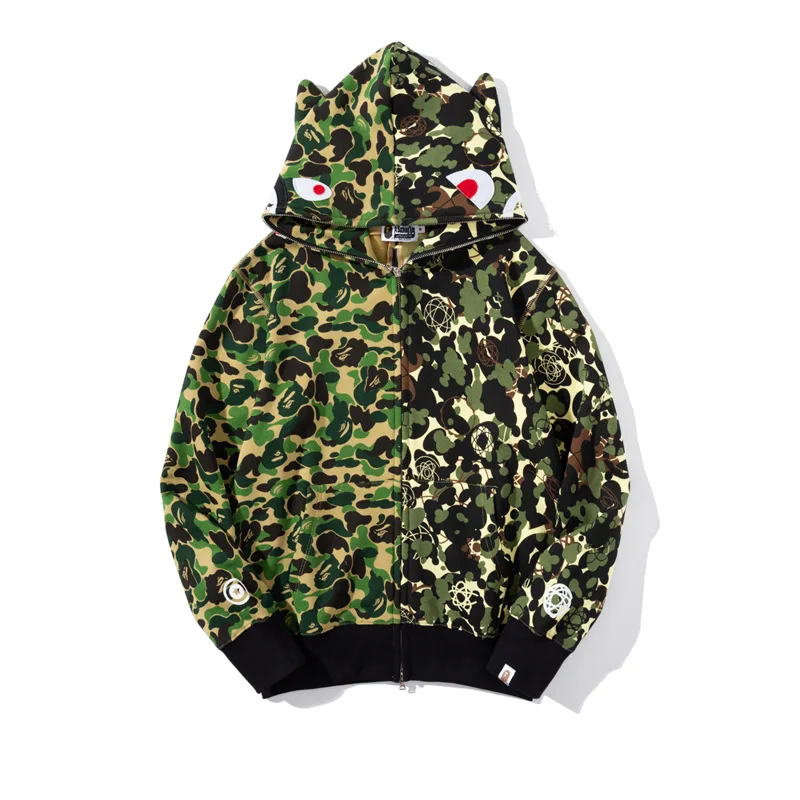 

100% cotton Free shipping Camouflage ears hooded sweatshirt Bape Classic Symbols Gather Street Og Hooded Cardigan Sweater Jacket