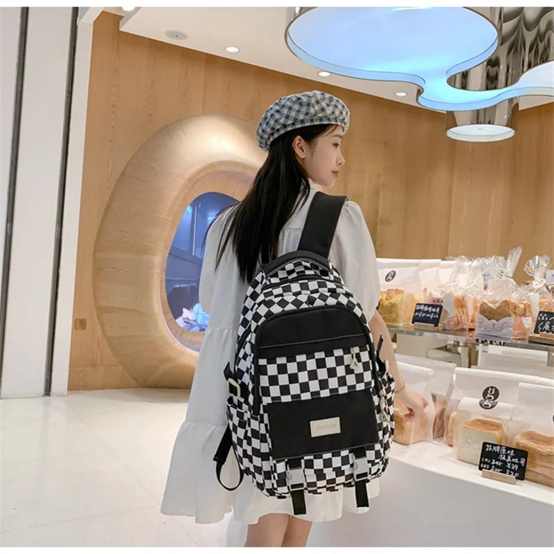 

Women's Cute Nylon Backpack for Teenagers Girls Black and White Plaid Schoolbag Female Student Travel Rucksack Student Schoolbag