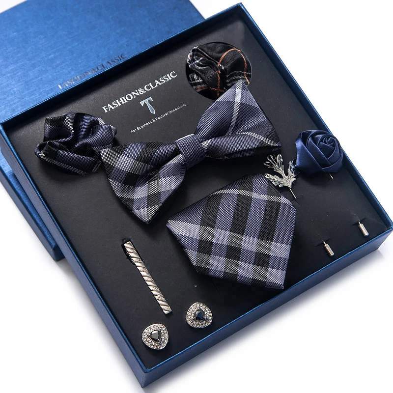 Vangise Brand Newest design Silk Tie Handkerchief Pocket Squares Cufflink Set Bow Tie Clip Necktie Box Plaid Father's Day