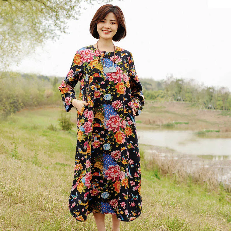 Женское платье с длинным рукавом классическое хлопково-льняное принтом в