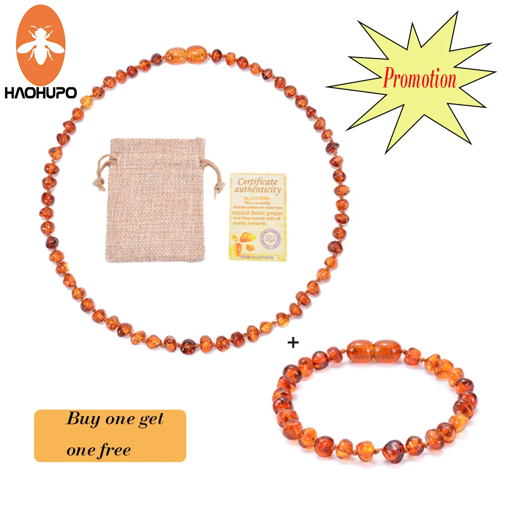 

HAOHUPO Natural Amber 100% Baltic Teething Ambers Necklace/Bracelet Set Handmade Original Irregular Amber Beads Jewelry Gifts