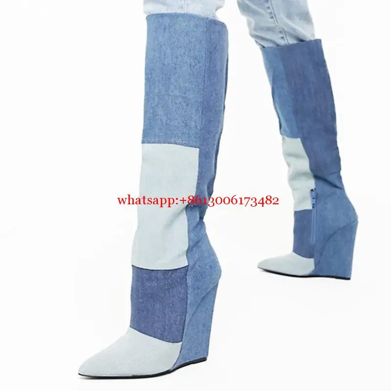 

Design Woman Match Blue Color Denim Wedge Heel Knee High Boots Lady Pointed Toe High Wedge Heel Knee High Denim Boots