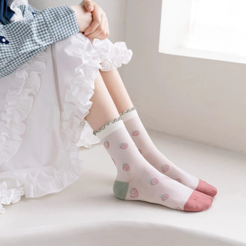 Cute socks women's spring and summer thin mesh hollow breathable mid-tube cotton socks sweet cartoon socks