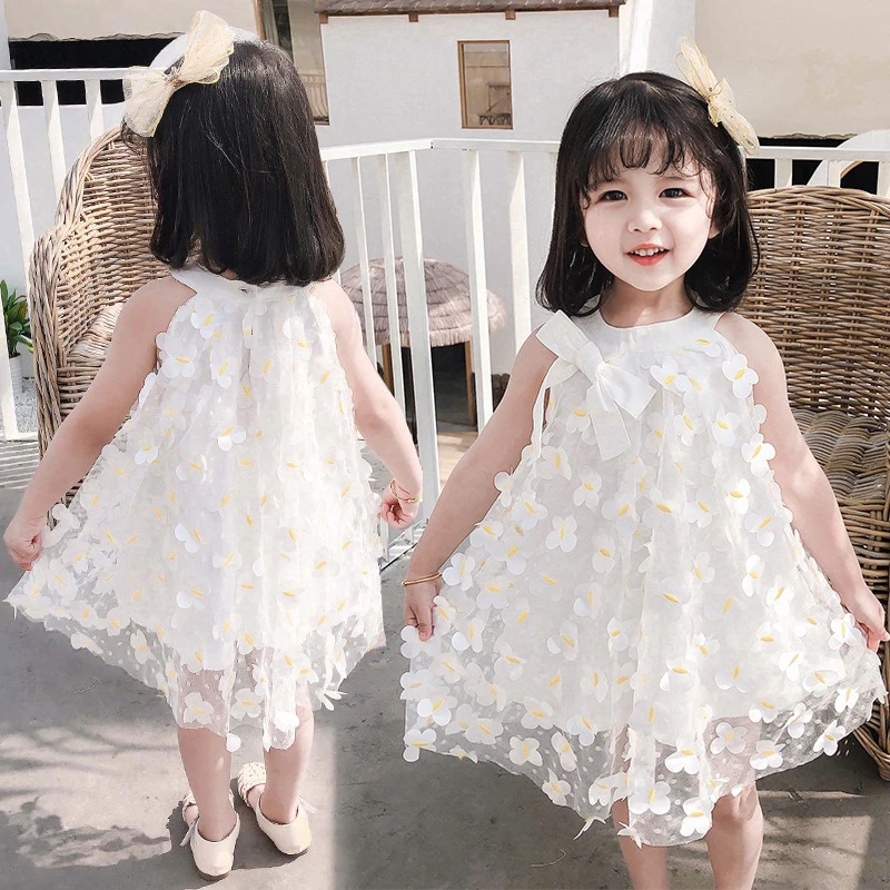 Summer Baby Girl Dress Kid Dresses For Baptism Sleeveless Flower Girl Clothes First Birthday Party Princess Lace Mesh Dress