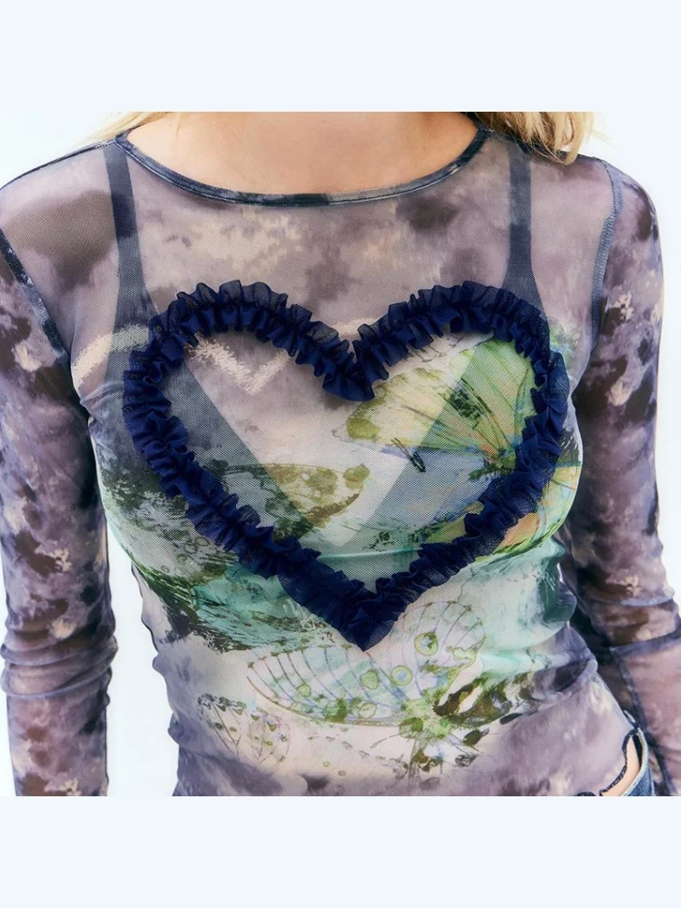 Сетчатые прозрачные футболки для женщин с аппликацией сердца Y2k одежда длинным