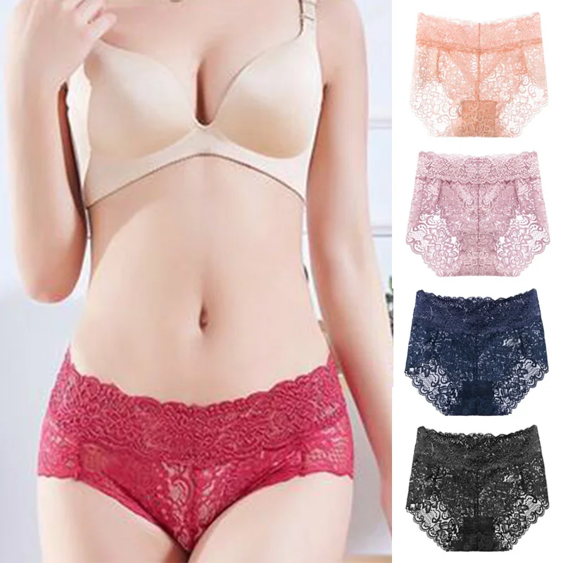 

Sexy Women's Panties Middle Waist Seamless Lace Hollow Floral Exotic Underwear Lingerie Briefs for Ladies Plus Size Underpants
