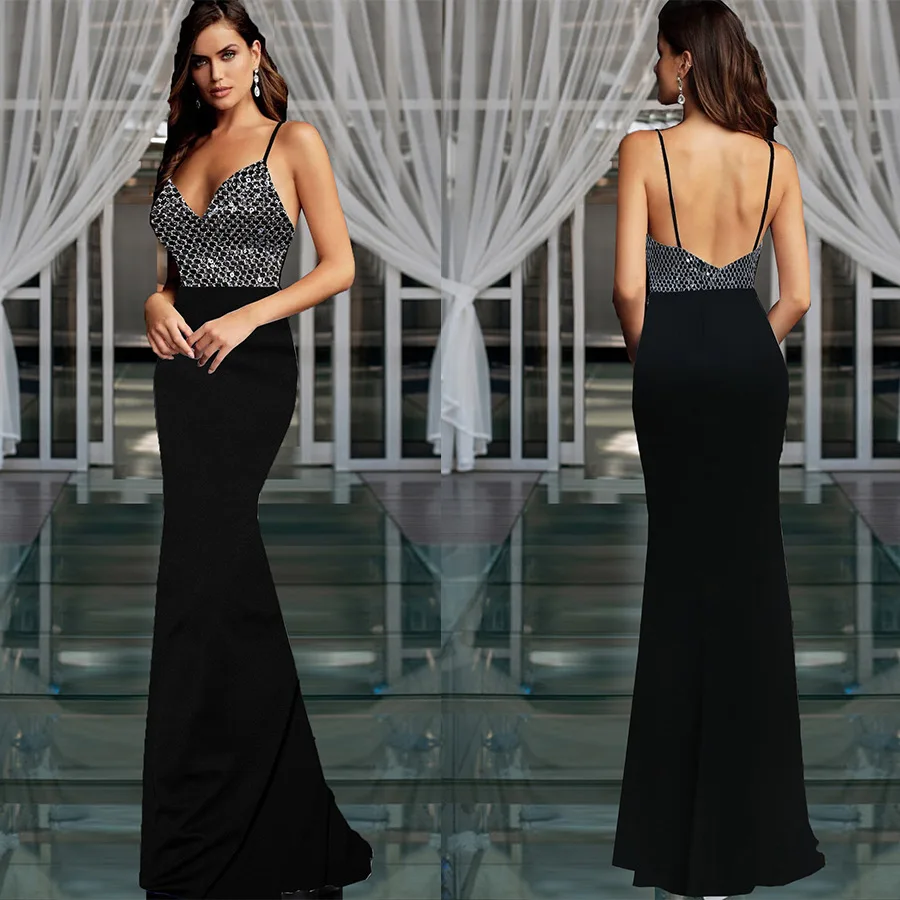 

Mandylandy Women Elegant Mermaid Evening Dress Lady Fashion Sexy Sequins High Waist Corset V Neck Halter Party Long Formal Dress