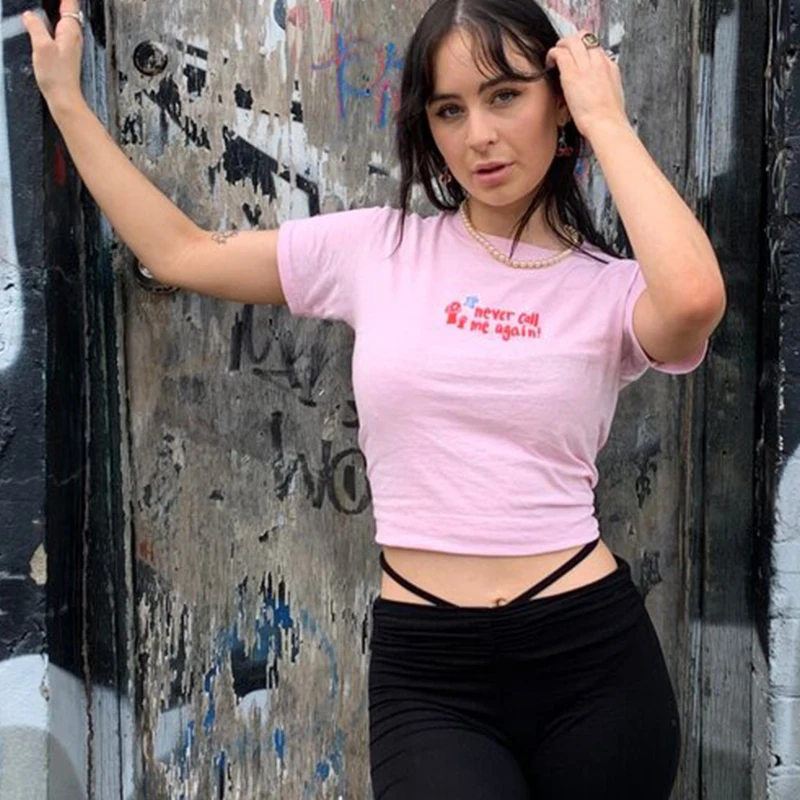 

Women t-shirt y2k clothes T-shirt Letter print graphic crop top Kawaii Aesthetics Pink O-neck fairy grunge Tee shirts Streetwear