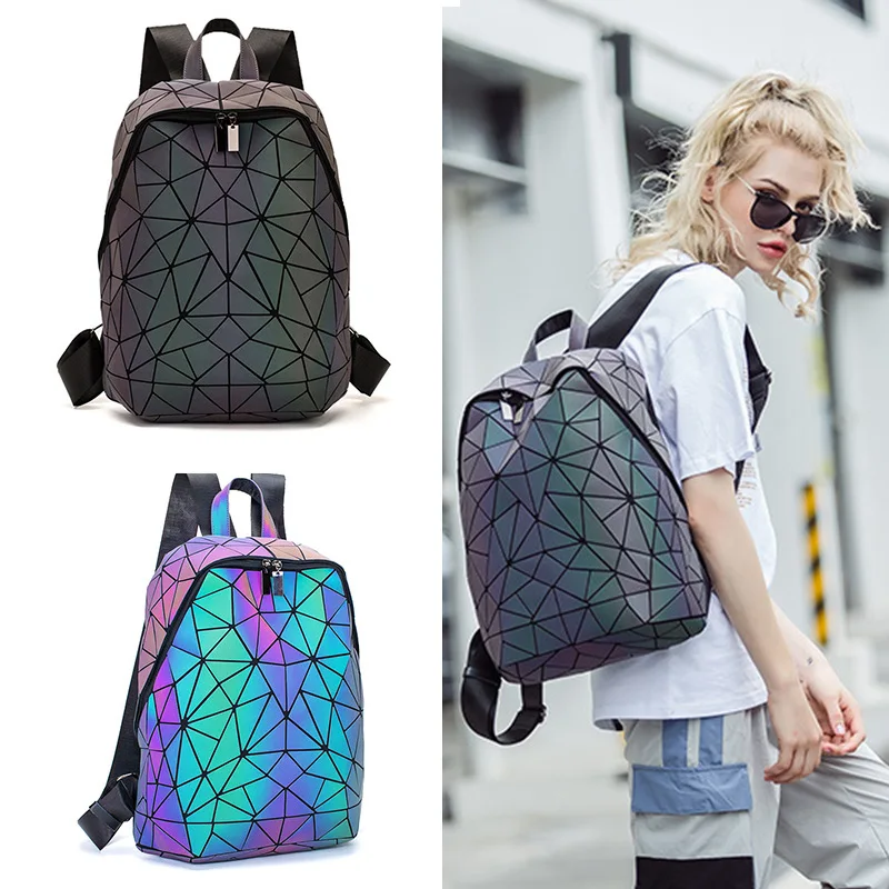 

New Rhombus Backpack Fashion Geometric Luminous Laser Backpack Students Outdoor Travel Large Backpack