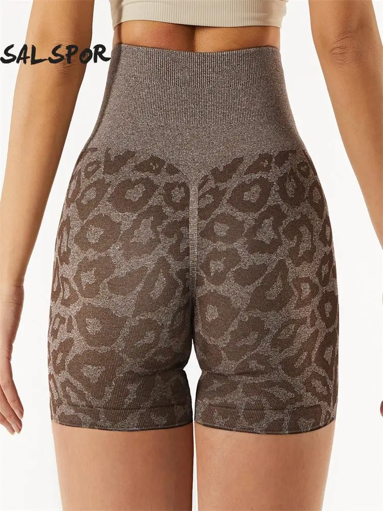 

SALSPOR Leopard Print Yoga Shorts Women's Outdoor Fitness Sports Short Hip Lift High Waist Push Up Scrunch Butt Breathable