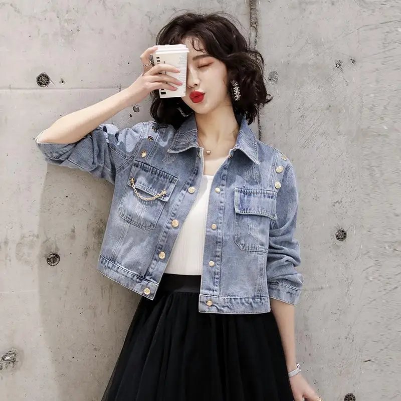

Women 2022 Spring Autumn Fashion Denim Jacket Short Coat Female Casual Slim Jean Jackets Ladies Lapel Long Sleeve Jackets S68
