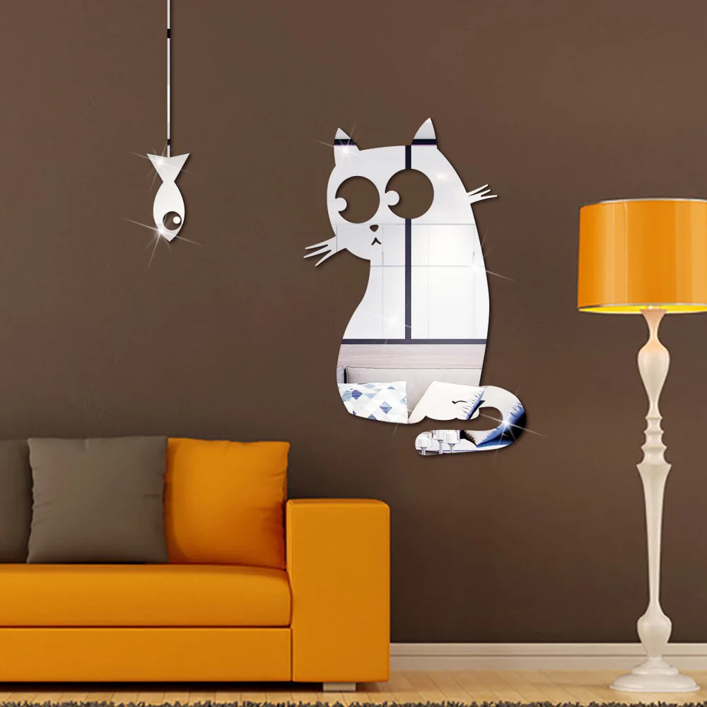 

2022 New Cat Wall Stickers Mirror Stickers Decal Fish For Living Room Bedroom Bathroom Nordic Decor Vanity Small Mirror