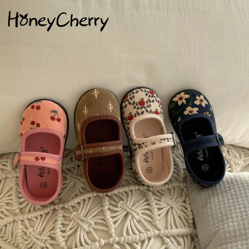 HoneyCherry New Corduroy Floral Canvas Shoes Girls Square Mouth Indoor Shoes Soft Soled Non-slip Shoes enlarge