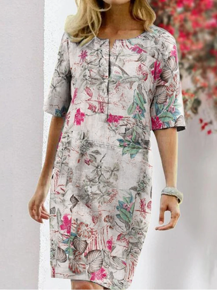 

Summer Vintage Midi Dress Women Floral Dress Loose V Neck Dress Female Retro Short Sleeve Casual Dresses Women Robe Femme