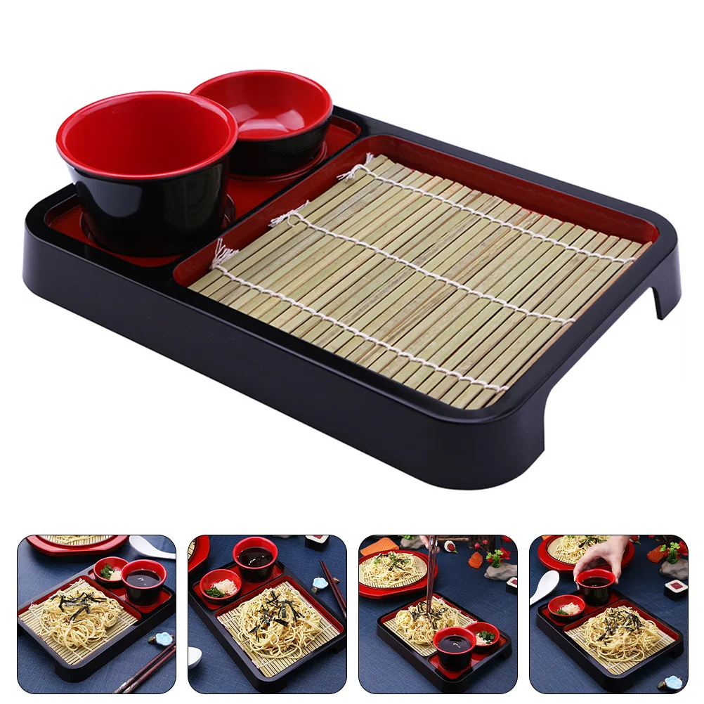 

Cold Noodle Plate Bamboo Mat Plastic Trays Food Rectangular Japanese Style Tableware Wooden Serving Restaurant Dish