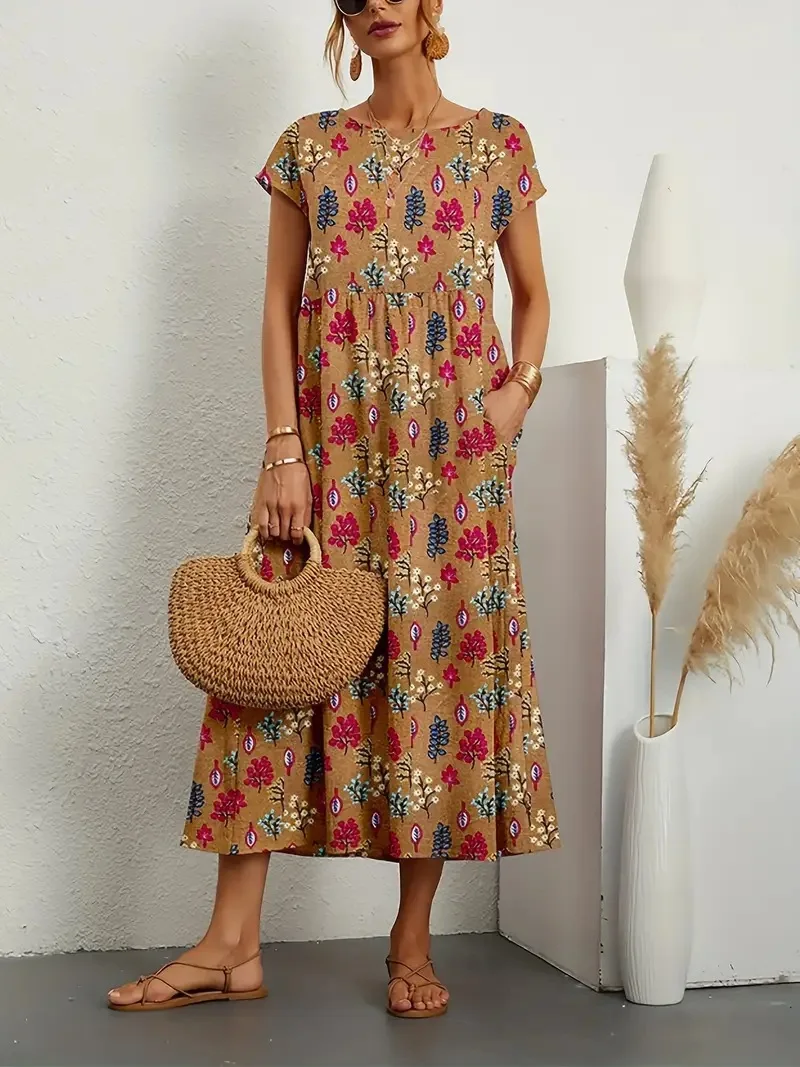 

2023 Summer Bohemian Women's Long Dress Print O-neck Short Sleeve Pockets A-line Loose Dresses Female Casual Trendy Lady Clothes