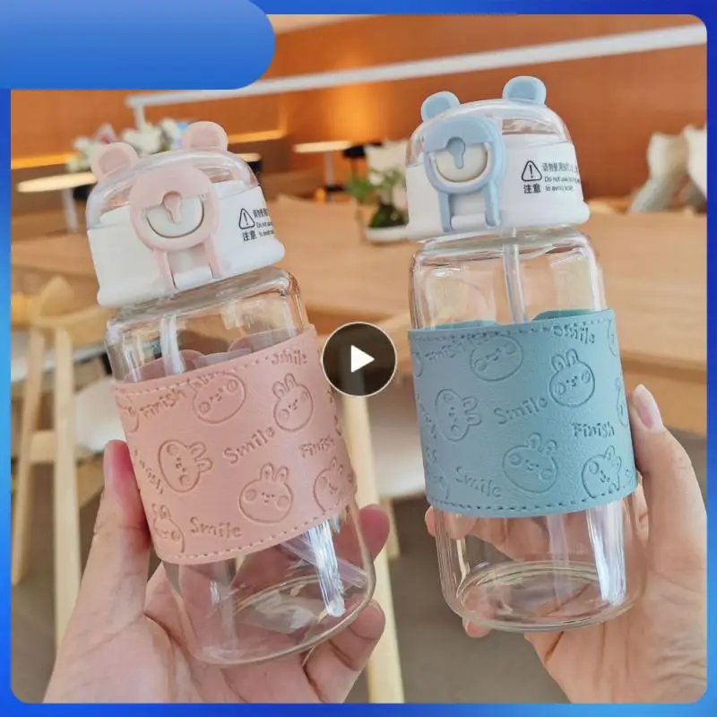 

Glass Water Cup Fresh 380ml Bear Straw Water Cup With Leather Cover Anti-scalding Cup Straw Water Cup Couple Cup