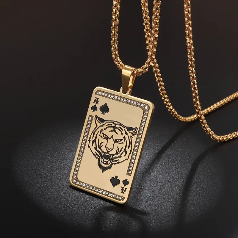 

Creative Tiger Spades Playing Card Pendant Men's Necklace Gold Color Stainless Steel Necklace Hip Hop Lucky Jewelry Gift