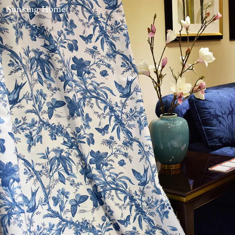Шторы с изображением цветов островка бабочки синие занавески для гостиной