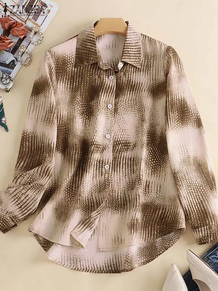 

Блузка ZANZEA Женская с длинным рукавом, уличная одежда, на пуговицах, стильная рубашка с принтом, Повседневная Свободная рубашка с отложным во...