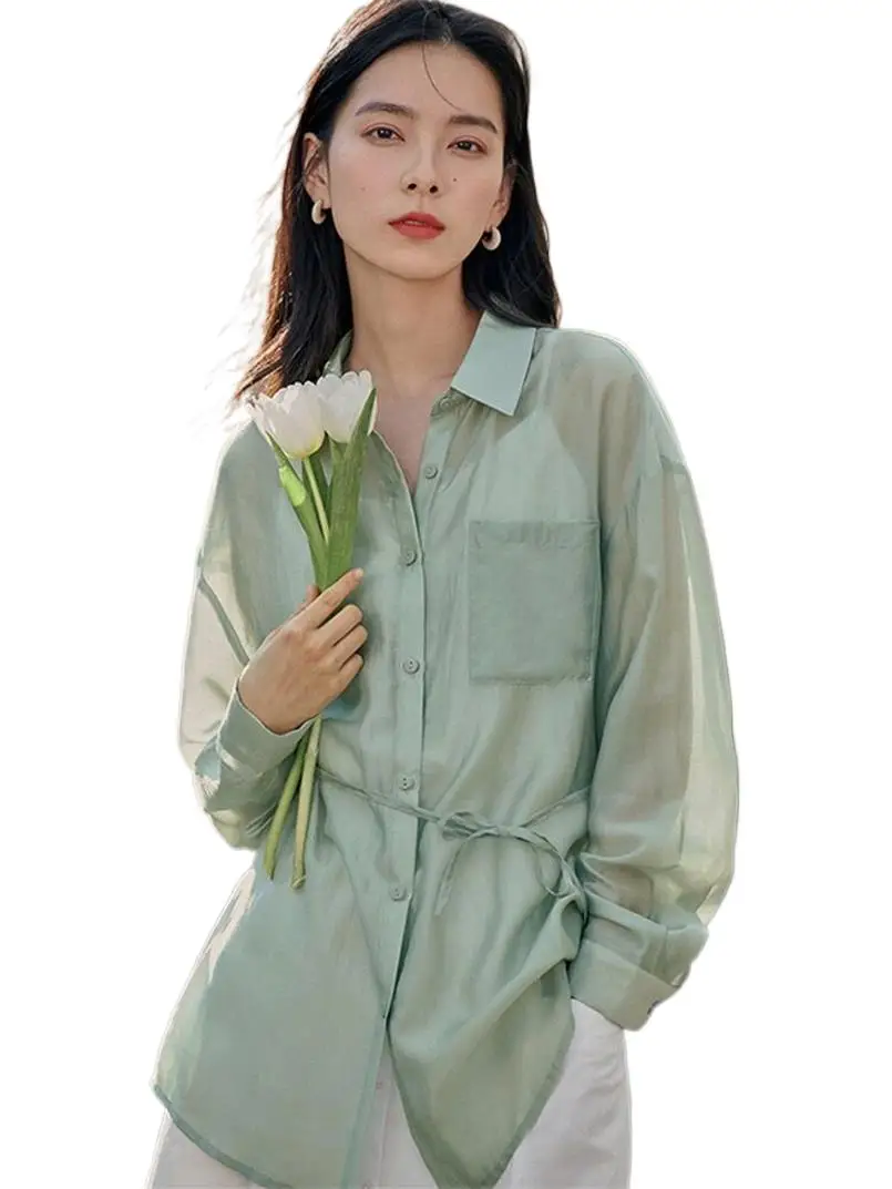 

Spring Autumn New Turn-down Collar Thin Cardigan Women's Loose Large Size Blouse All-Match Long Jacket Pure Color Basic Cardigan