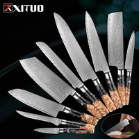 xituo damascus steel kitchen knives set japanese chefs knife cleaver paring utility bread knife resinstabilized wooden handle