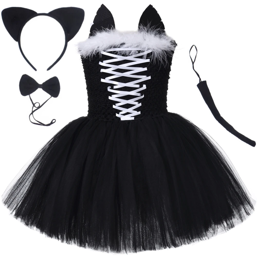 Black Cat Tutu Dress for Girls Carnival Halloween Costumes for Kids Toddler Animal Cosplay Outfit for Birthday Party Clothes Set