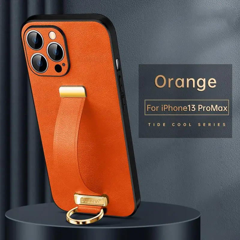 

Genuine Leather Phone Case For iPhone 13 Pro Max Ultra Slim Phone Cover For Apple 12 13 Pro Max Wristband Stand Shockproof Cover