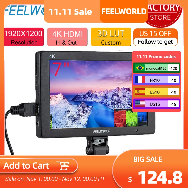 

7-дюймовый 3D монитор Feelworld T7 PLUS для цифровой зеркальной камеры, 4K HDMI Full HD 1920x120 0 IPS векторная форма сигнала, алюминиевый корпус