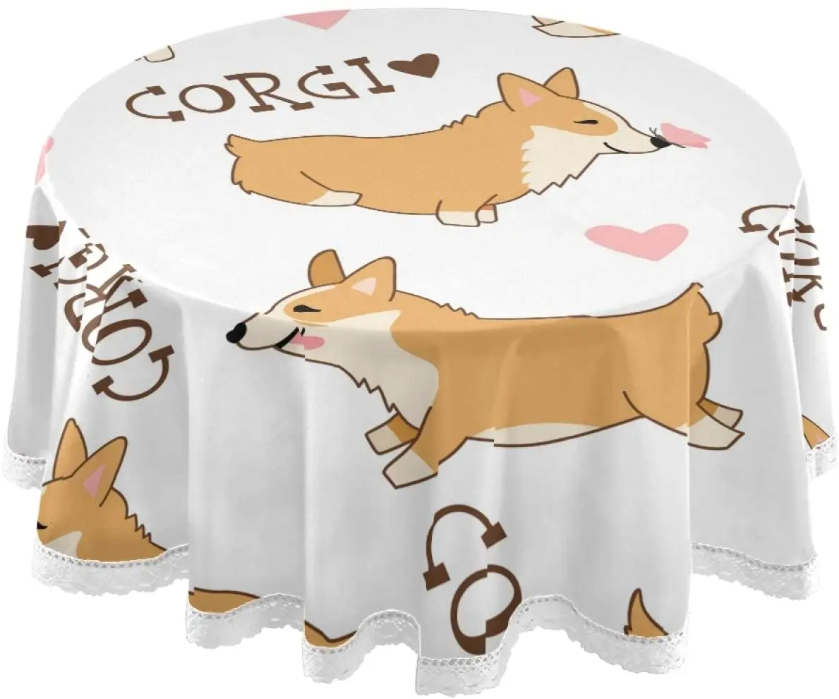 

Cartoon Welsh Corgi Round Tablecloth Spillproof Wrinkle Resistant Table Cloth Decorative Table Cover Washable Tablecloths Table