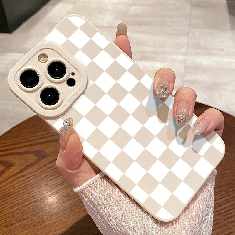 Матовый чехол для телефона с узором в клетку молочно-белого цвета для iPhone 17 16 15 14 13 12 11 Pro Max XS X XR 7 8 Plus 16E Air SE 2020 (art.: 3920d4b8111cf) - 3920d4b8111cf