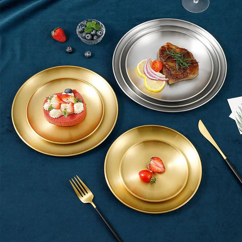 

2 Pack Thickened 304 Stainless Steel Round Dessert Dish Plates Reusable Metal Platter For Outdoor Camping BBQ Snack Fruit Plate