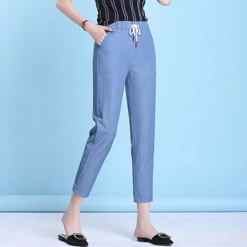 

Korean Fashion Summer New Tencel Jeans Women's Elastic Waist Drawstring Baggy Casual Harem Pants Ice Silk Pencil Pants Female