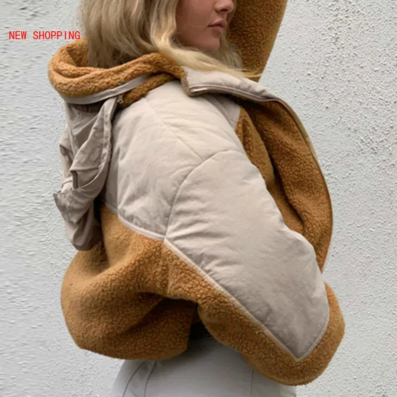 Patchwork Teddy Bubble Parkas Women Winter Thick Warm Cotton Coats High Quality Outwear Fur Trim Hooded Faux Fur Jacket Coats