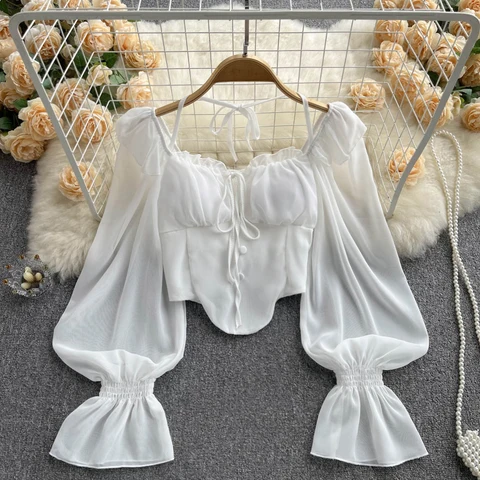 Lace French Chic Blouse Halter Shirts Women Lantern Sleeve Shirt Tops Female Casual Ladies Blouses Autumn&Spring Blusas Dropship